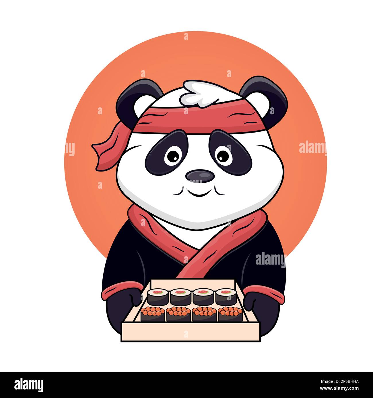 Funny panda holding sushi. Cartoon vector illustration icon. Flat