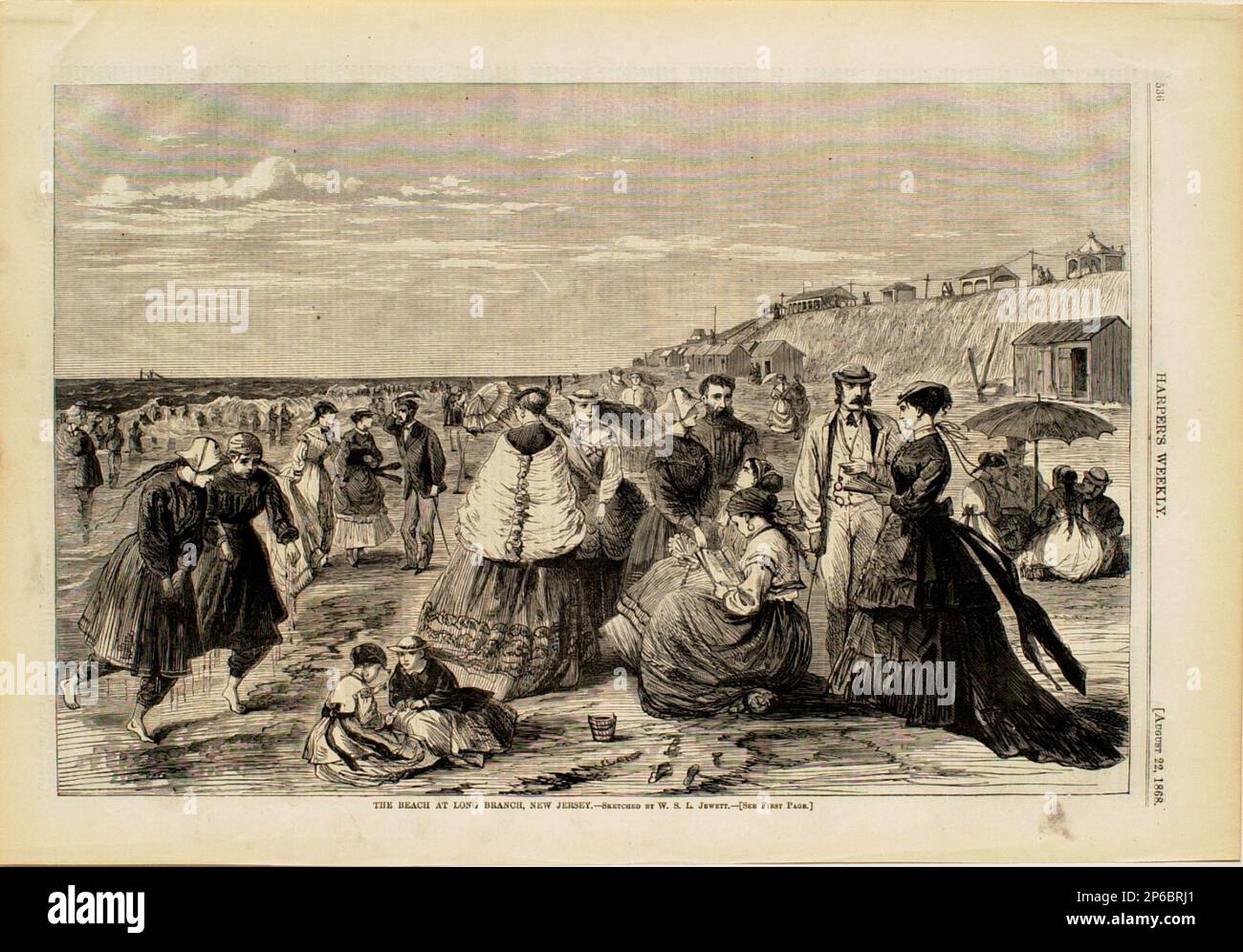 William S.L. Jewett, The Beach at Long Branch, New Jersey, 1868, wood engraving on paper. Stock Photo