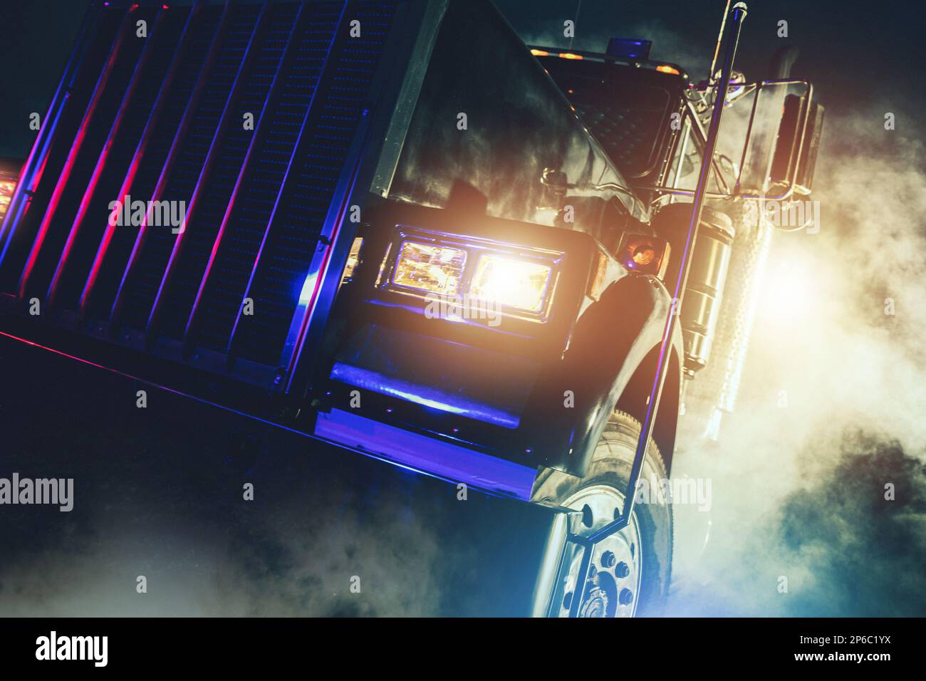 American Semi Truck Night Shift Drive Concept in Fog and Colourful