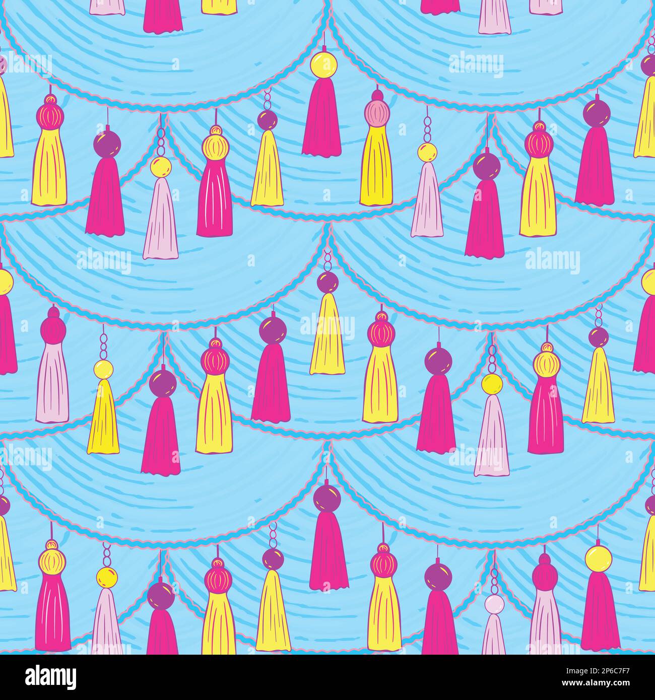 Seamless pattern with colorful Tassel Garland on a blue background Great for textile wrapping packaging. Vector illustration Stock Vector