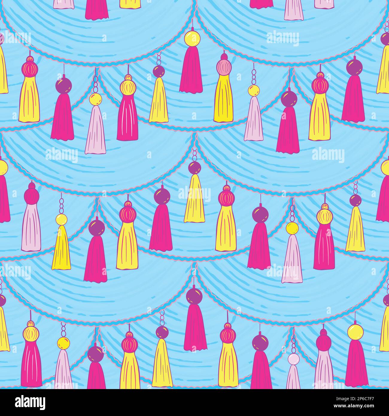 Seamless pattern with colorful Tassel Garland on a blue background ...