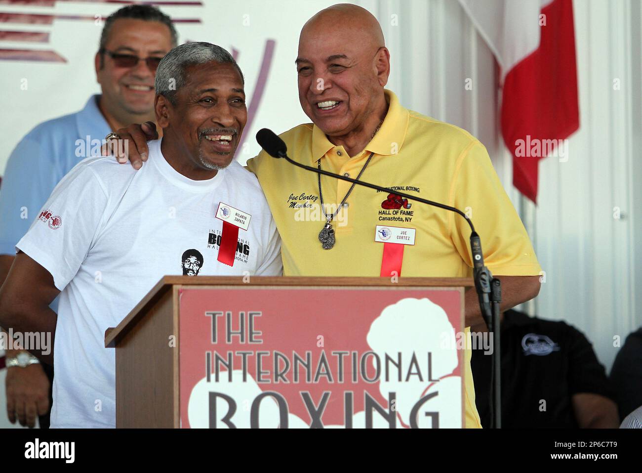 Boxer Hilario Zapata (Left) and Referee Joe Cortez speak to fans during the  23rd Annual induction weekend opening ceremony at the International Boxing  Hall of Fame on Thursday, June 7, 2012 in