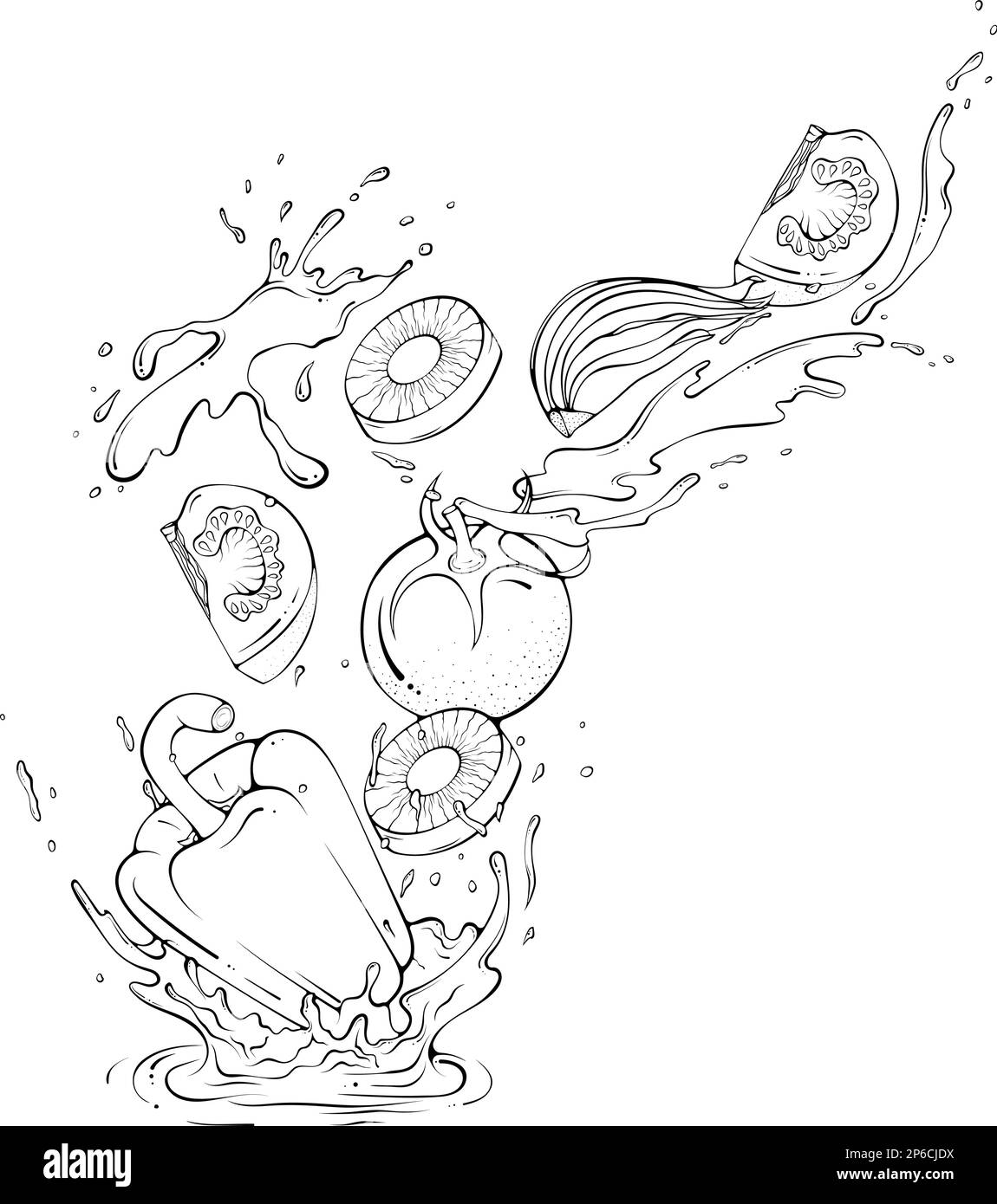 Flying vegetables with splashes of water line art Stock Vector Image