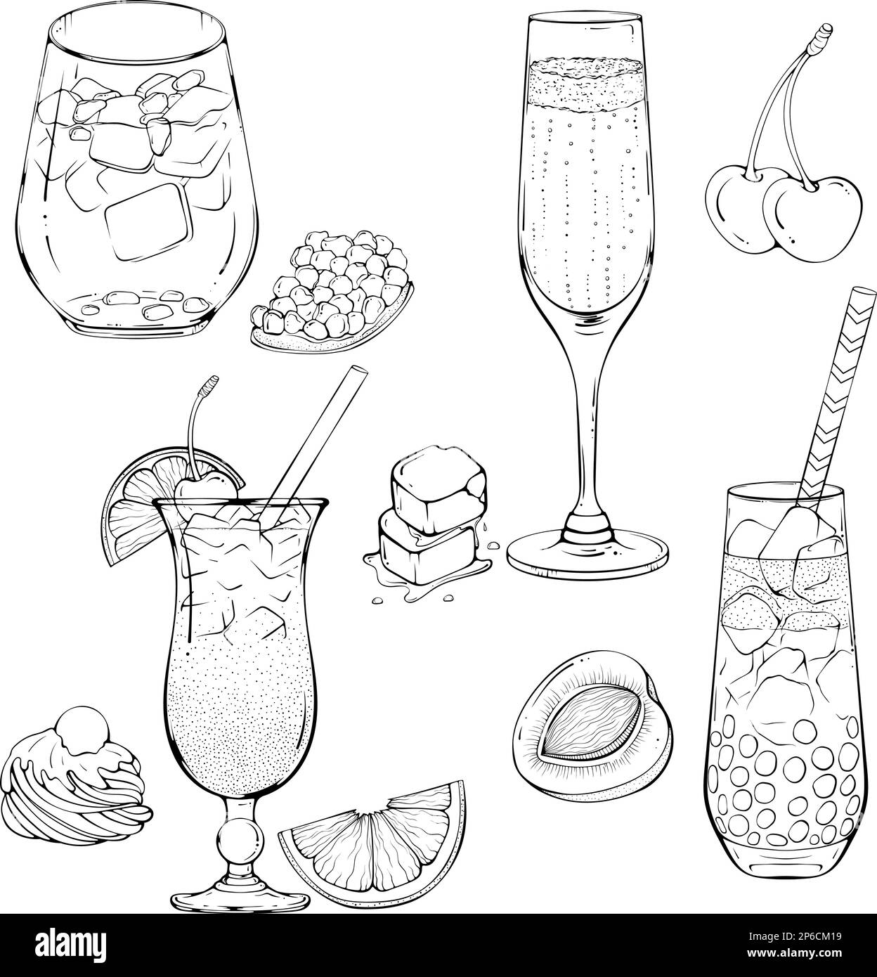 Set of various cocktails line art Stock Vector