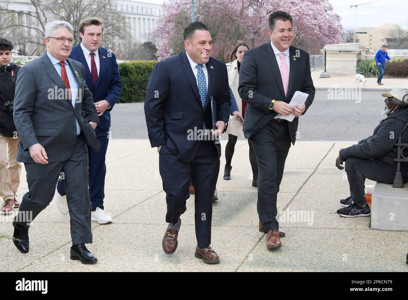 March 7, 2023, Washington, District of Columbia, USA: Republican Congressmen from New York ANTHONY P. D'ESPOSITO (R-NY), alongside NICK LALOTA (right) and BRANDON WILLIAMS (left) speaks about George Santos fraud scandal, during a No Fortune For Fraud Act press conference at House Triangule. D'Esposito is introducing a bill that prevents members of Congress from profiting from media appearances and book deals if convicted of a crime. (Credit Image: © Lenin Nolly/ZUMA Press Wire) EDITORIAL USAGE ONLY! Not for Commercial USAGE! Stock Photo
