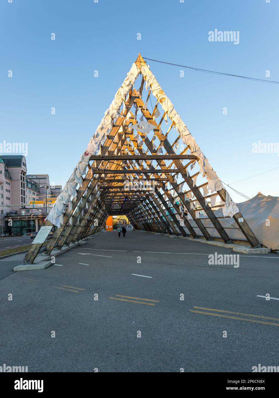 Trangular Arc Norway, Oslo - 14 April 2019: Large triangular wooden arch is an art ...