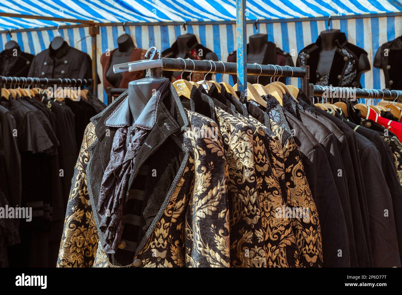 A market stall at a steampunks event selling steampunk clothing. Stock Photo