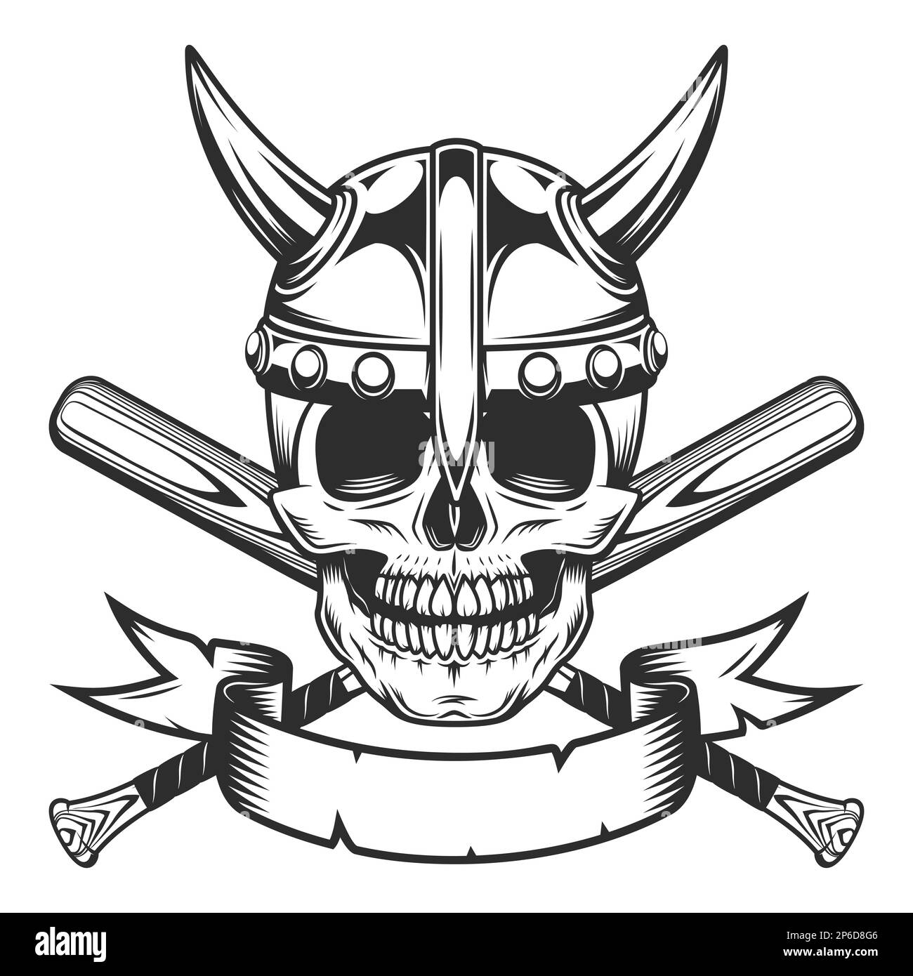 Viking skull in horned helmet and ribbon with baseball bat club emblem