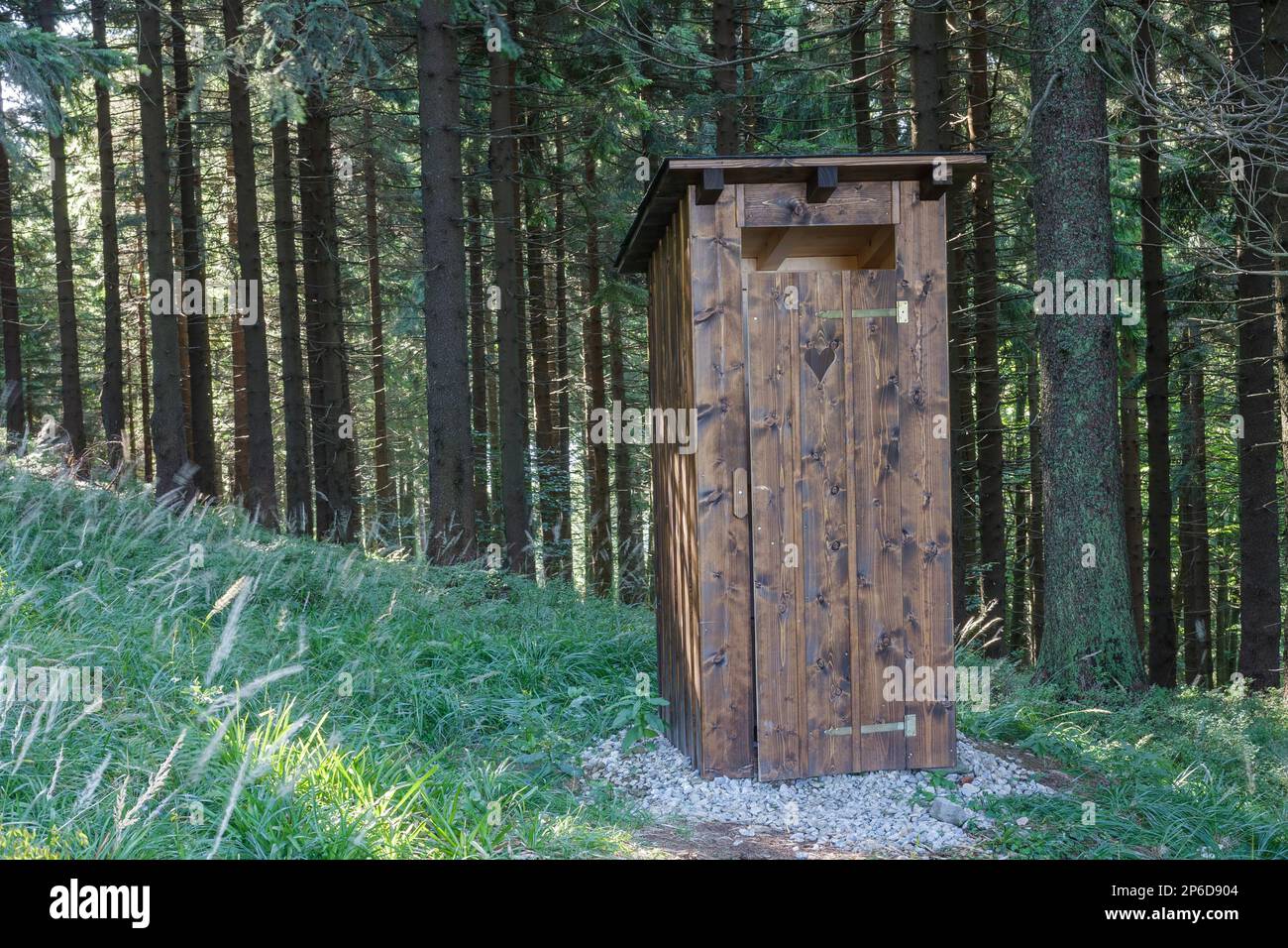 New wooden outdoor toilet, outhouse in forest in beskids mountains ...