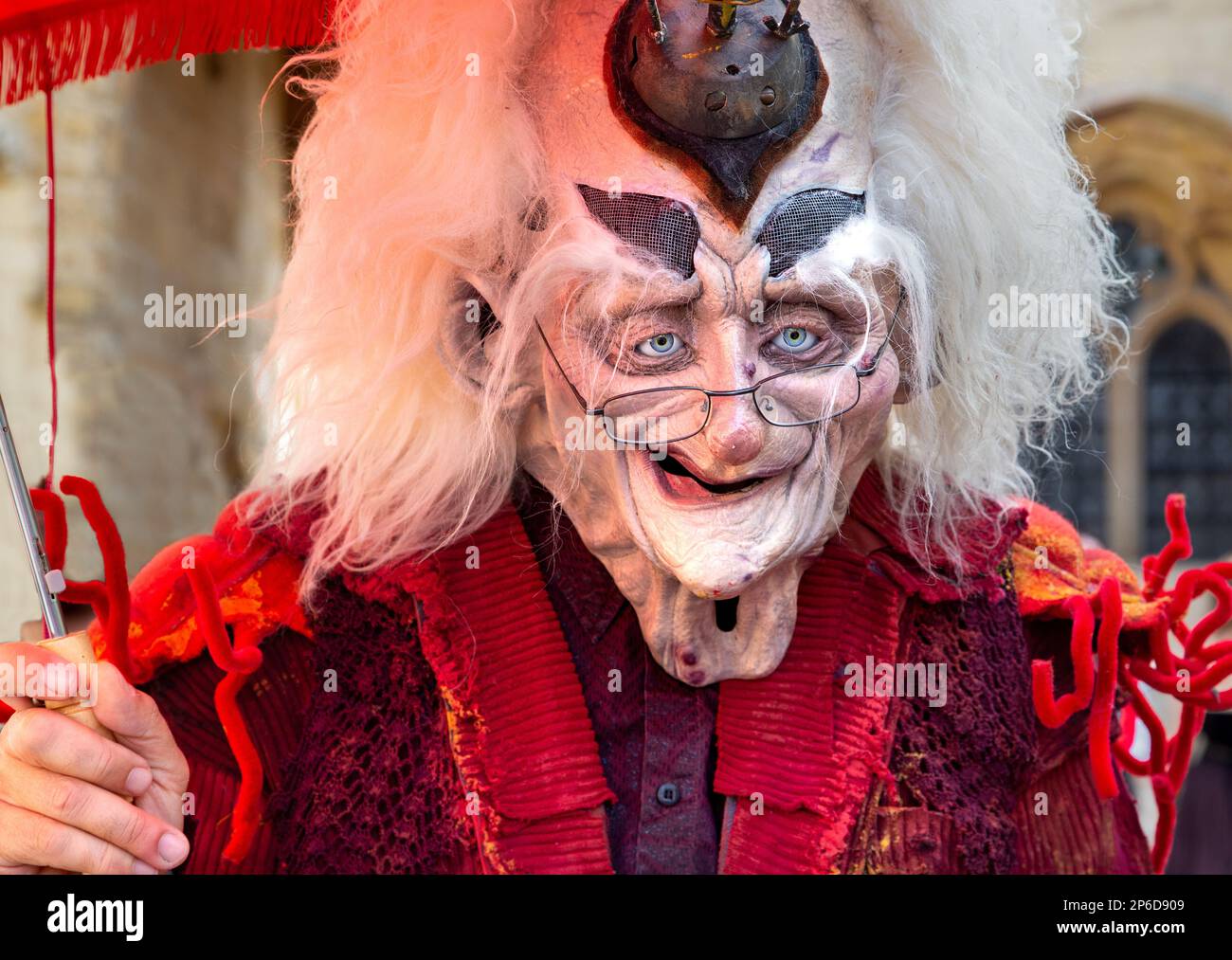Portrait of a very old man with long white hair. Very old male alien character. Stock Photo