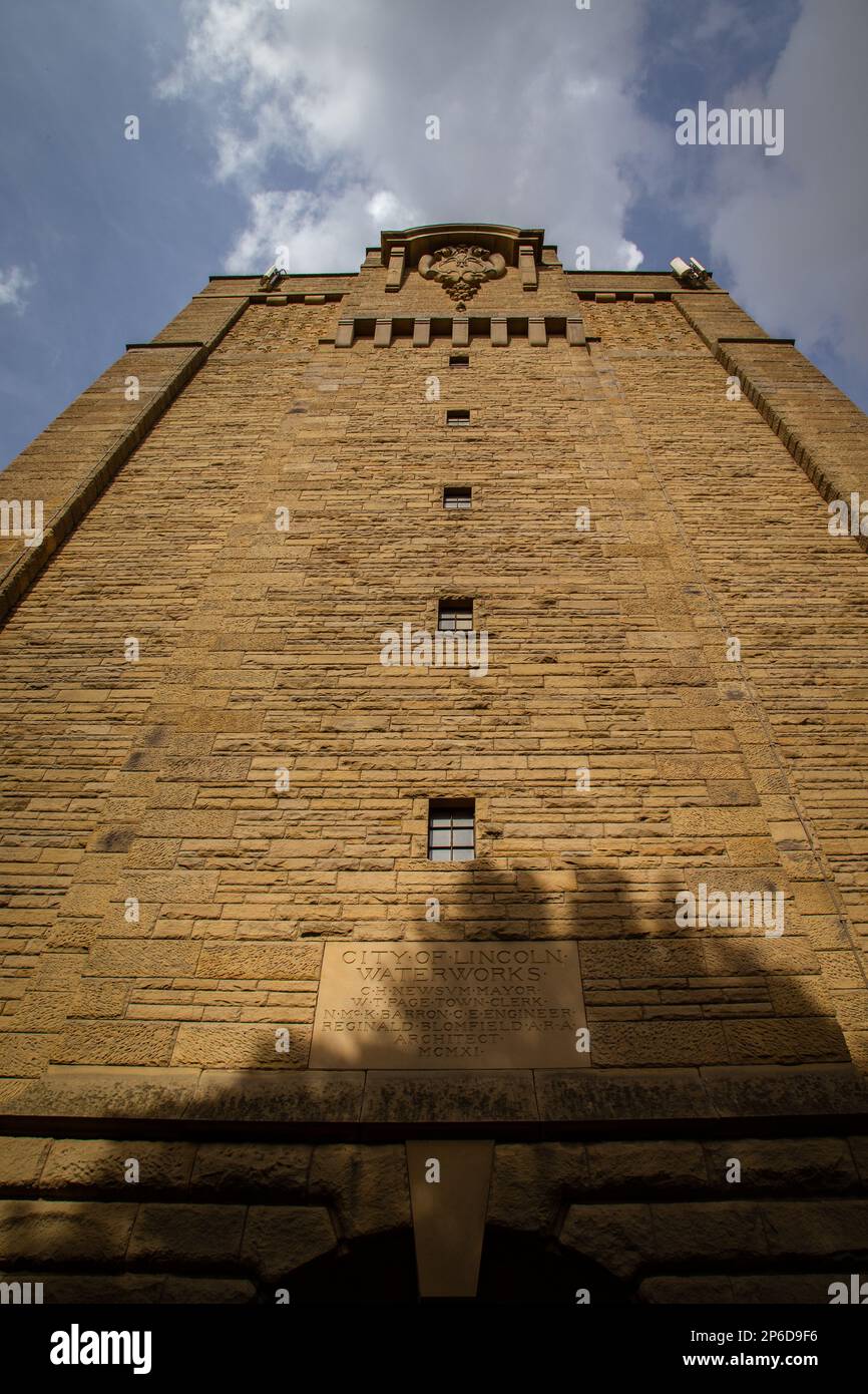 Looking up at the tall tower of the city of Lincoln waterworks. Stock Photo