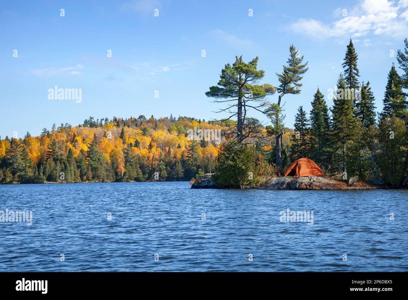 Orange tent on rocky shore of an island on a northern Minnesota trout lake during autumn Stock Photo