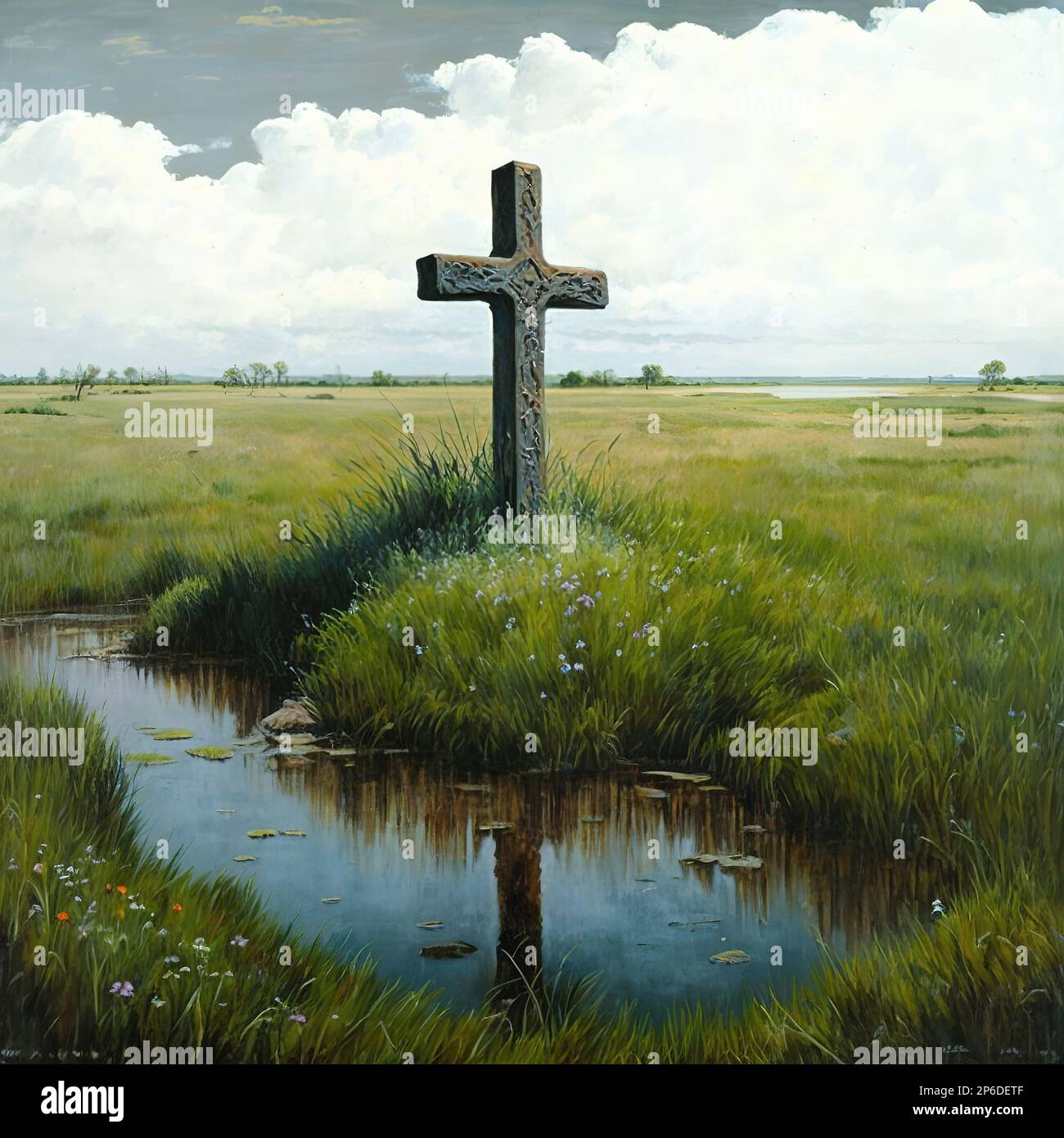 Cross in field. Generative Ai image Stock Photo