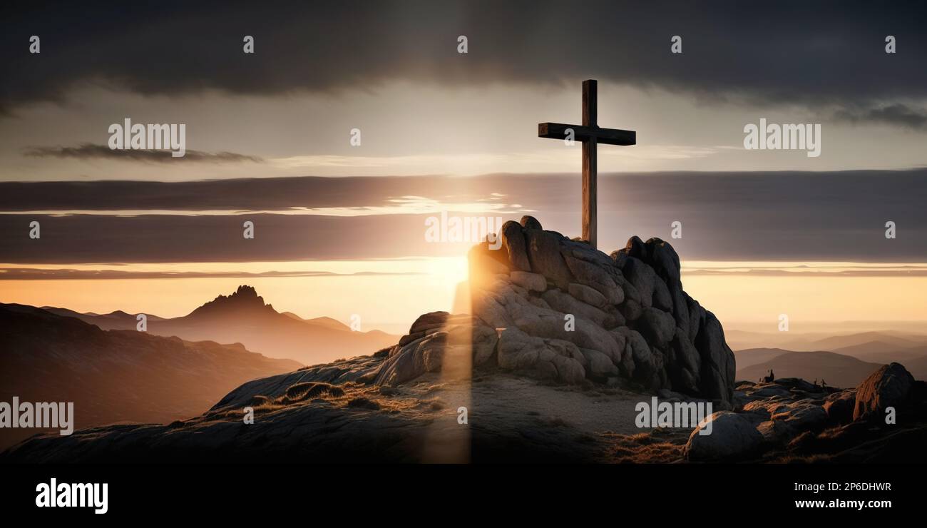 Cross in mountains. Generative Ai image Stock Photo
