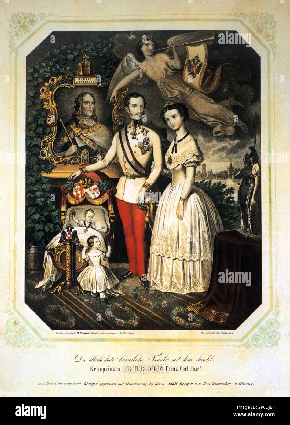 1859, AUSTRIA : The austrian kronprinz RUDOLF von ABSBURG ( 1850 - committed suicide at Mayerling 1889 ) , lover of Mary Von Vetsera . In this popular lithographyon with father Kaiser Franz Josef ( 1830 - 1916 ) , Emperor of Austria , King of Hungary and Bohemia and mother Empress Elisabeth von Bayer ( SISSI , 1937 - 1898 ).  In this image with first born GISELA . - FRANCESCO GIUSEPPE - JOSEPH - ABSBURG - ASBURG - ASBURGO - NOBILITY - NOBILI - Nobiltà - REALI - HABSBURG - HASBURG - ROYALTY - divisa militare - military uniform - baffi - moustache - principe ereditario - RODOLFO ----  Archivio G Stock Photo