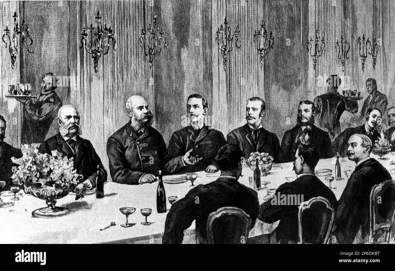 1888,  Schonbrunn , Wien , Austria : The austrian kronprinz RUDOLF von ABSBURG ( 1850 - committed suicide at Mayerling 1889 ), 4th from the left in this photo, with his father  Kaiser Franz Josef ( 1830 - 1916 ) , Emperor of Austria and  King of Hungary with  the Kaiser of Germany WILHELM II , the Prinz ALBERT von Sachsen , the prinz LEOPOLD in Bayern and  Prinz HOHENLOHE  - FRANCESCO GIUSEPPE - JOSEPH - ABSBURG - ASBURG - ASBURGO - NOBILITY - NOBILI - Nobiltà - REALI - HABSBURG - HASBURG - ROYALTY - Guglielmo II di Germania - baffi - moustache - principe ereditario - RODOLFO ----  Archivio GB Stock Photo