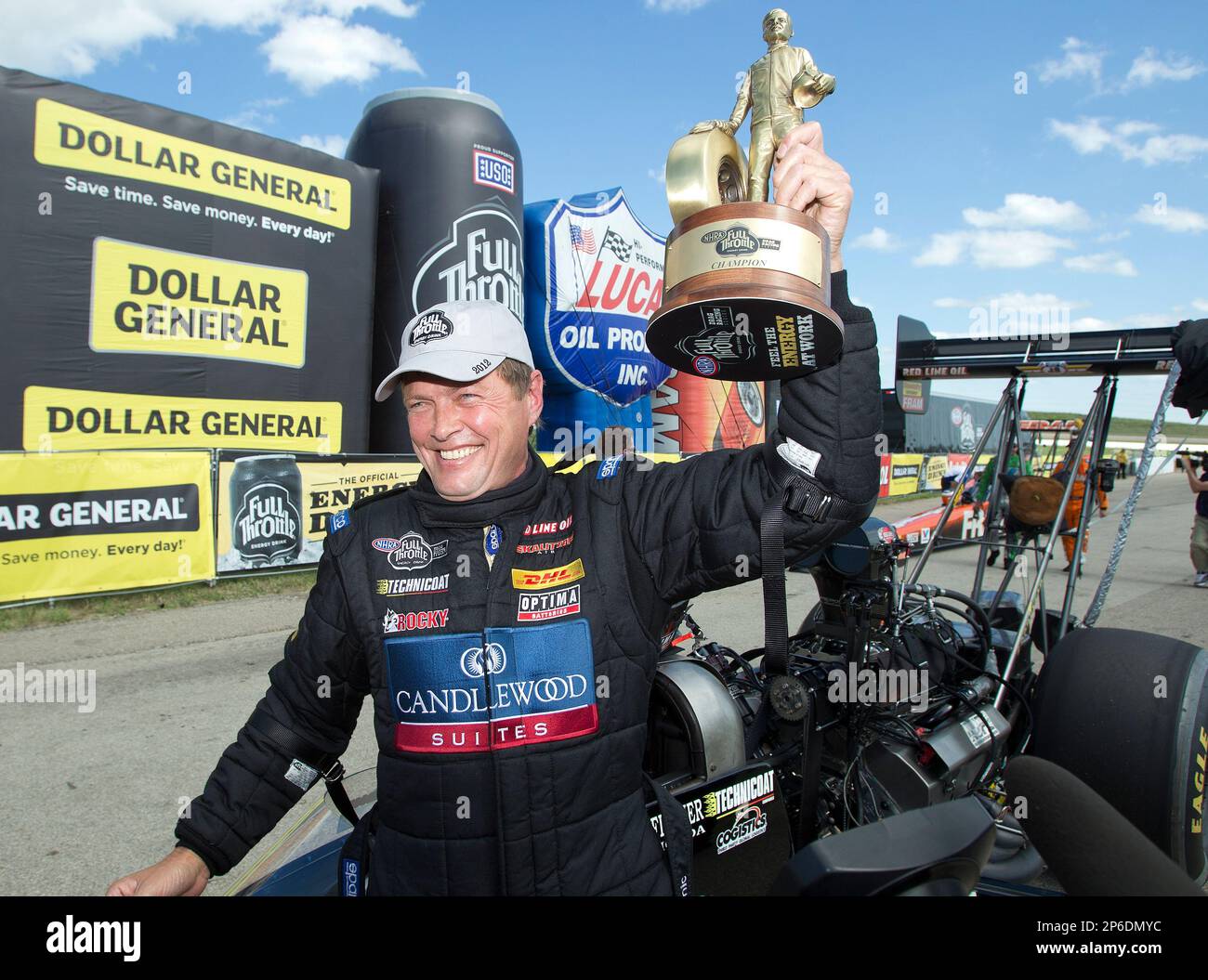Top Fuel winner David Grubnic celebrates his win over Spencer Massey