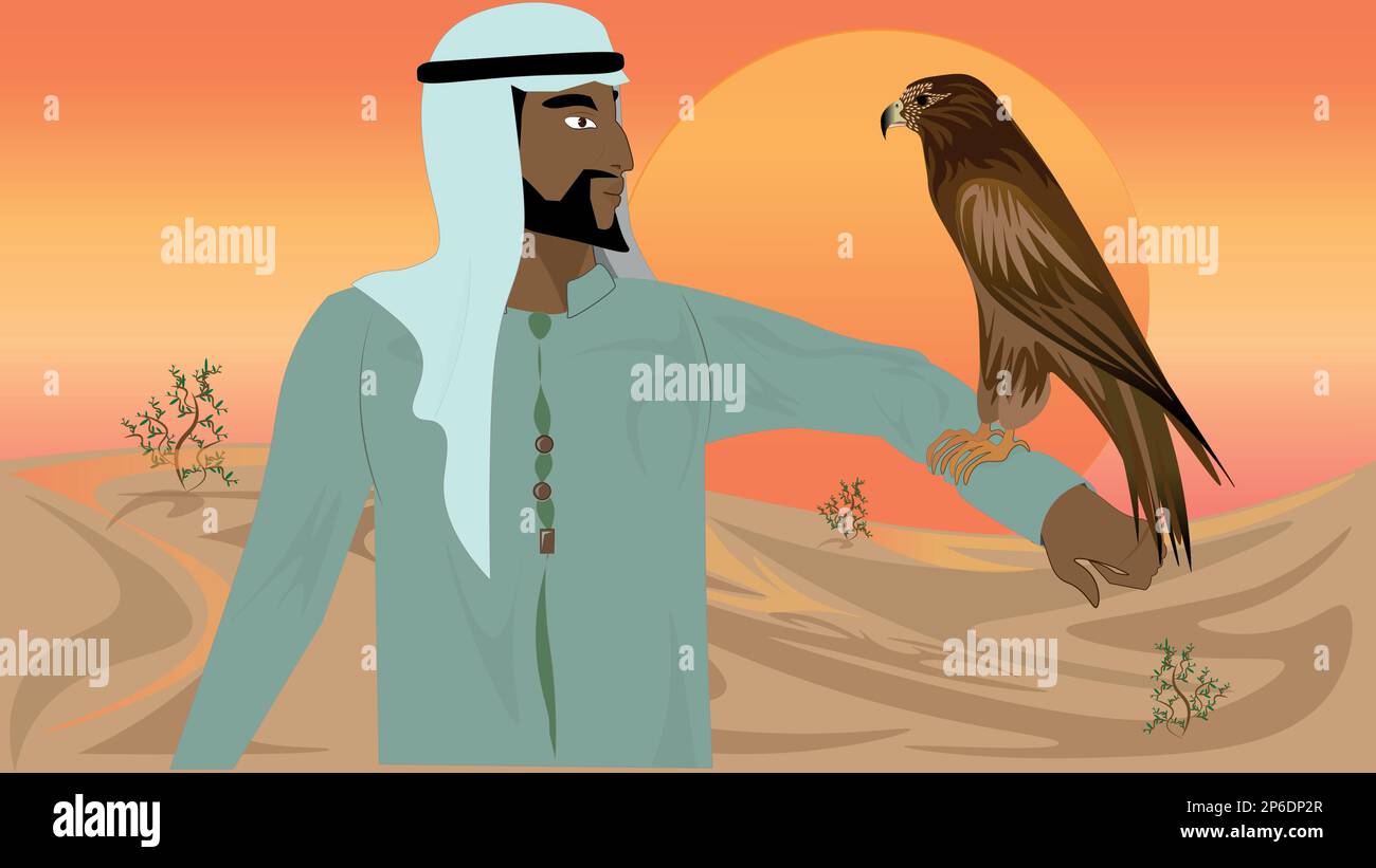 An Arabic man is holding an eagle on his arm against a beautiful desert sunset Stock Vector