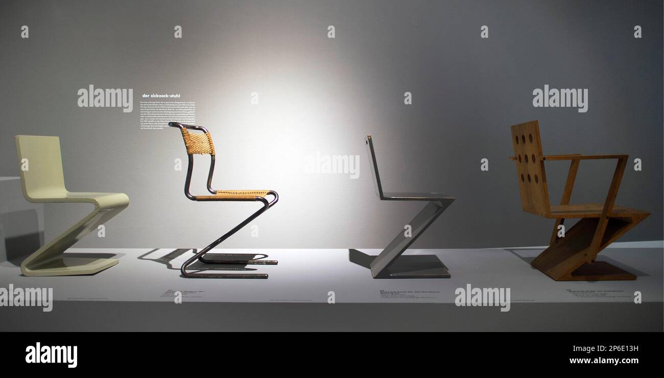 Zigzag chairs designed by Dutch designer and architect Gerrit Rietveld (18881964) are on