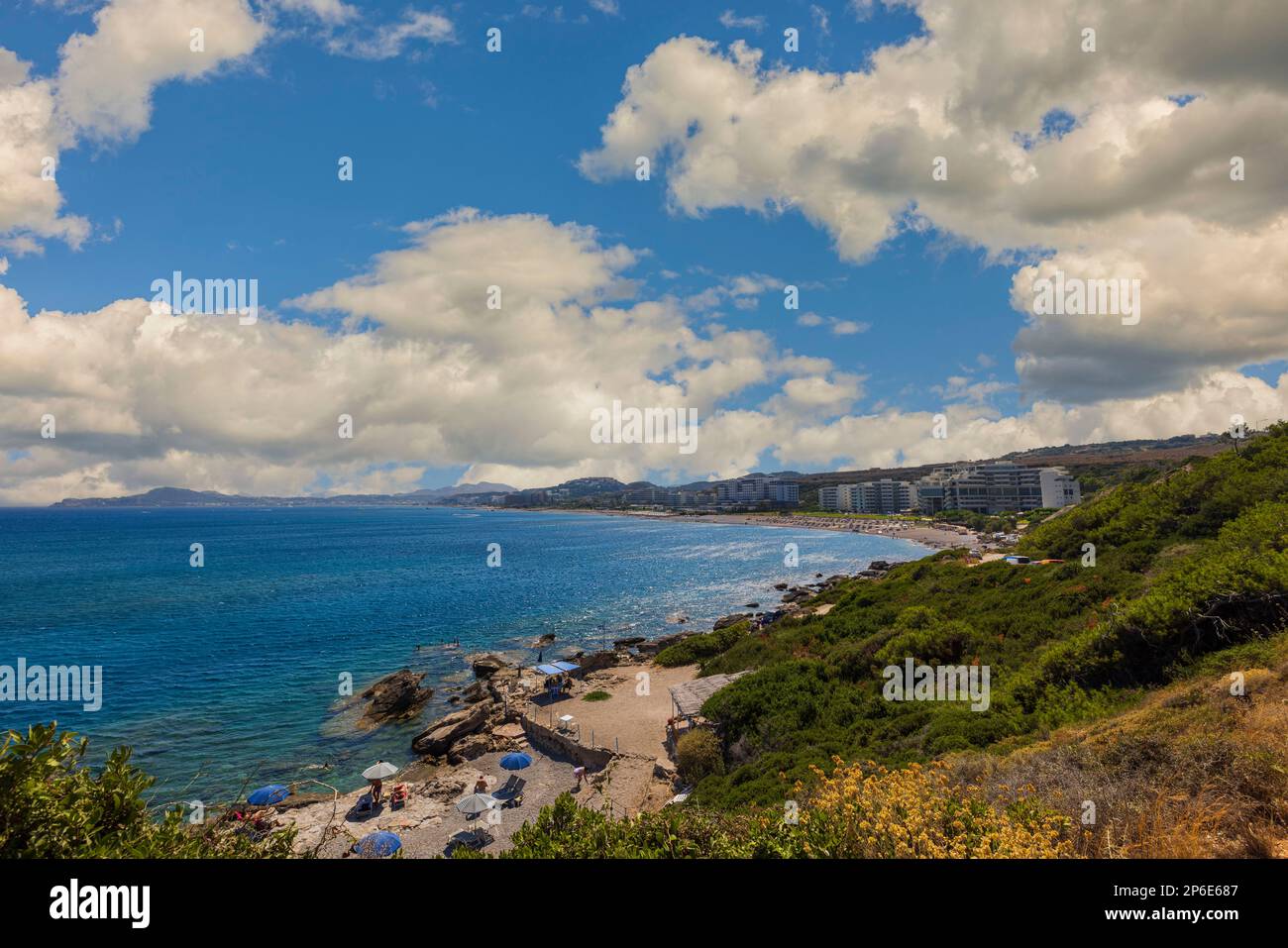 Beautiful sunny coast view to greek beach mediterranean blue sea