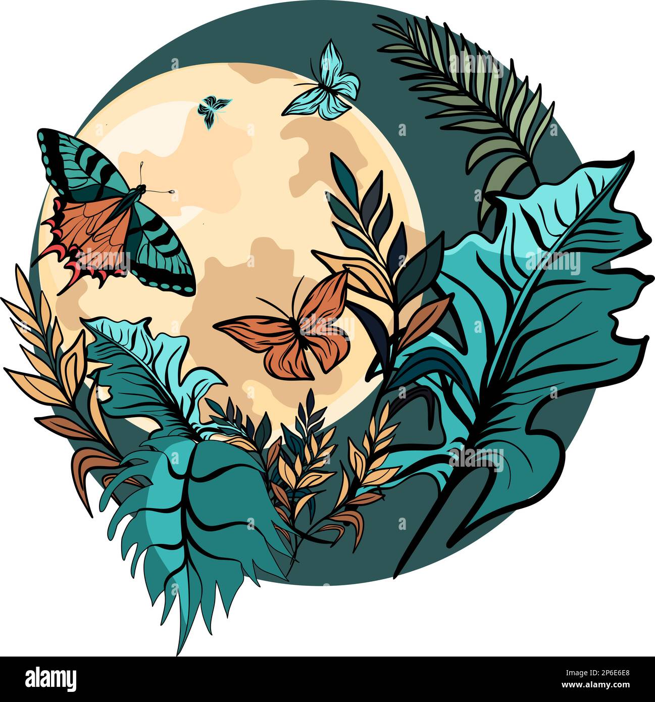Butterflies with tropical leaves against the backdrop of the moon vector illustration Stock Vector