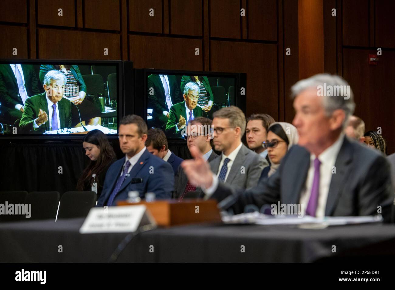 Jerome H. Powell, Chairman, Board of Governors of the Federal Reserve System, appears before a Senate Committee on Banking, Housing, and Urban Affairs hearing to examine the Semiannual Monetary Policy Report to the Congress, in the Hart Senate Office Building in Washington, DC, Tuesday, March 7, 2023. Credit: Rod Lamkey/CNP /MediaPunch Stock Photo