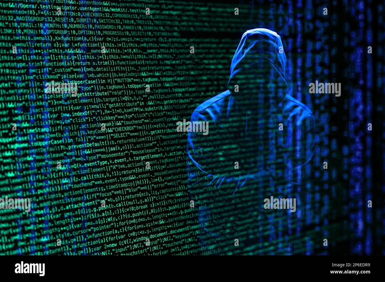 A computer hacker and lines of code Stock Photo