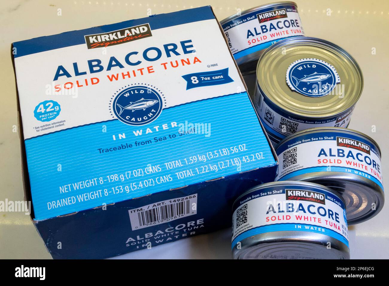 Kirkland brand Solid White Albacore Tuna in Water, USA 2023 Stock Photo