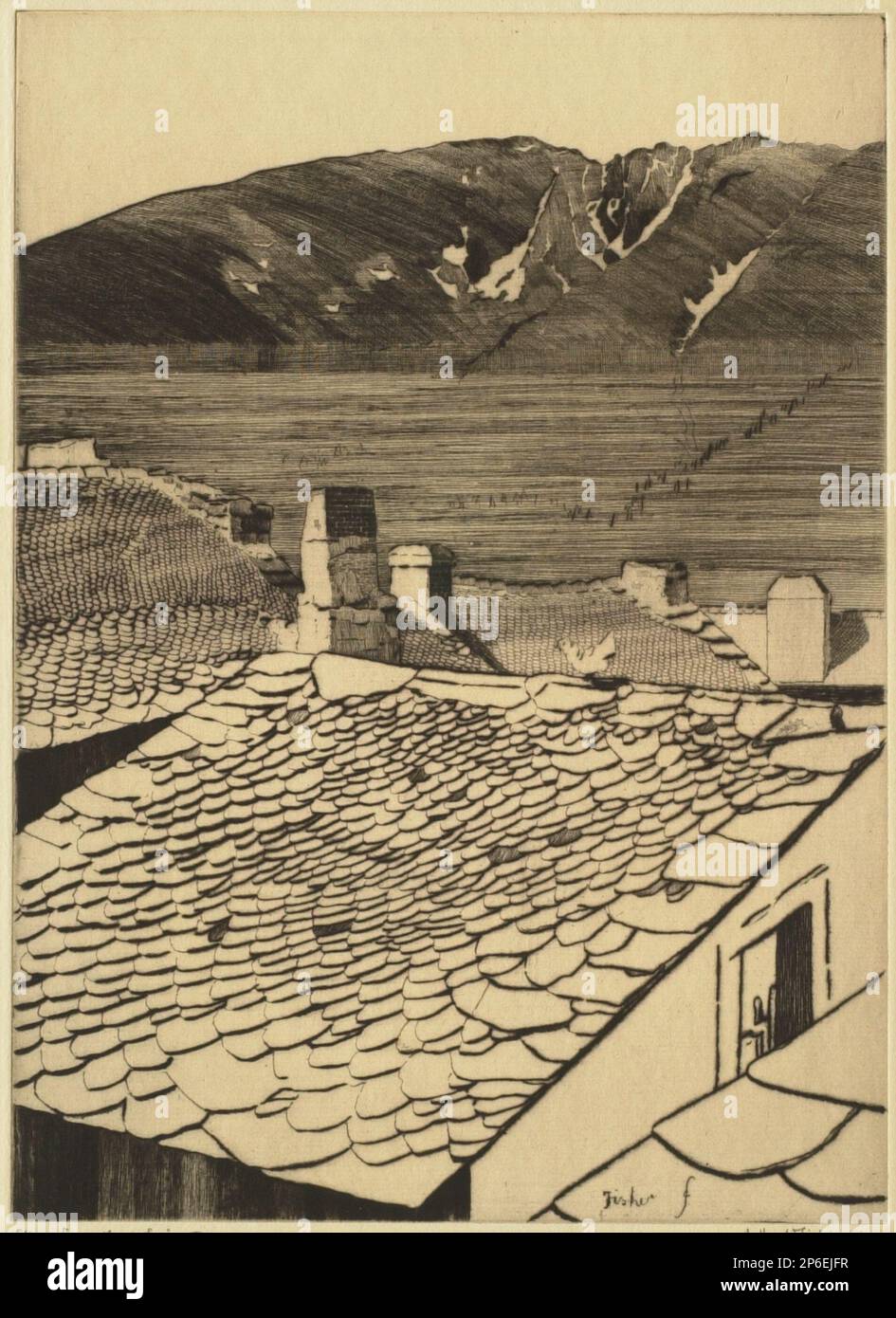 Alfred Hugh Fisher, View from Mount Louis, Pyrenees, c. 1920, drypoint on paper. Stock Photo