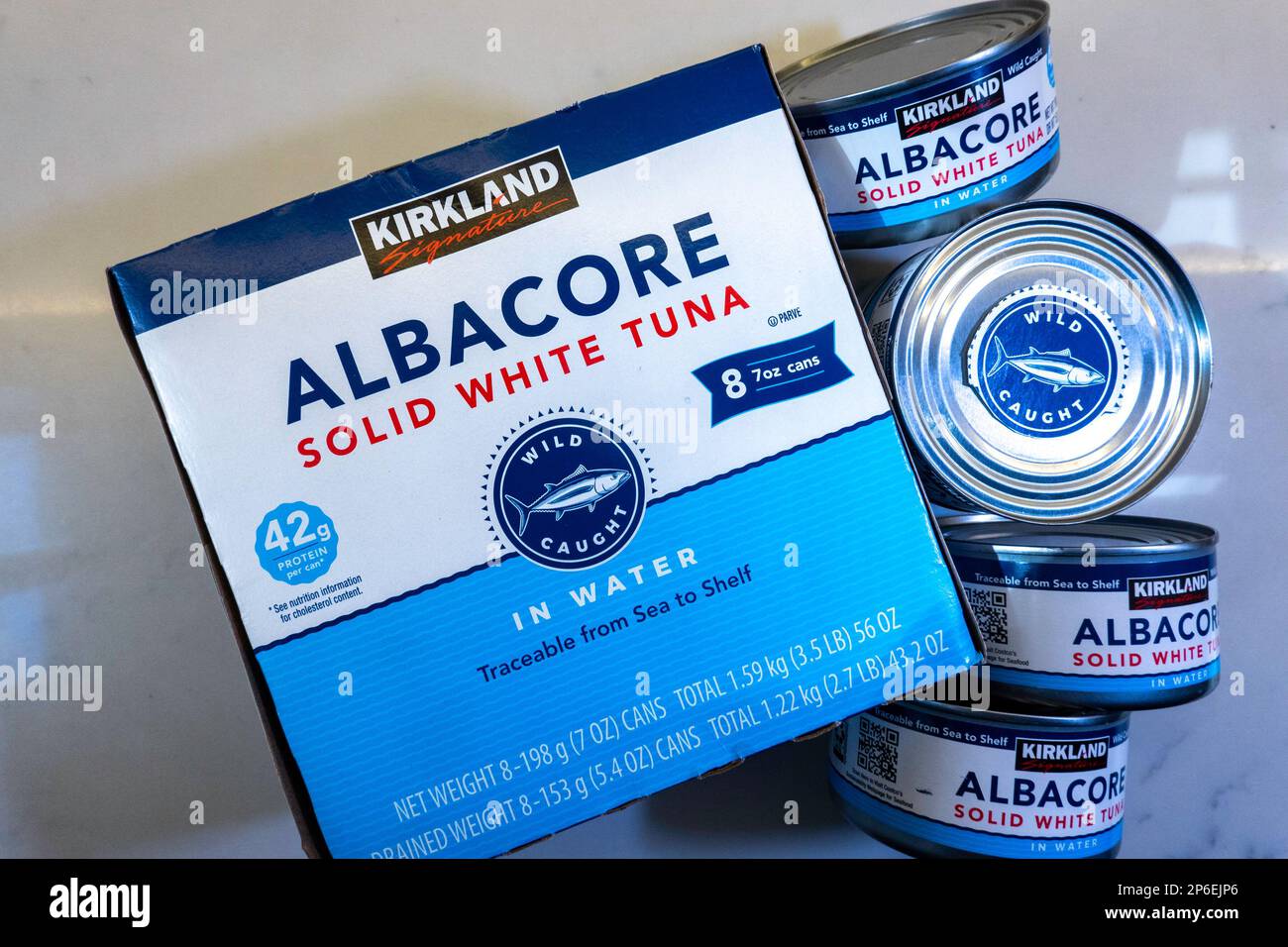 Kirkland brand Solid White Albacore Tuna in Water, USA 2023 Stock Photo