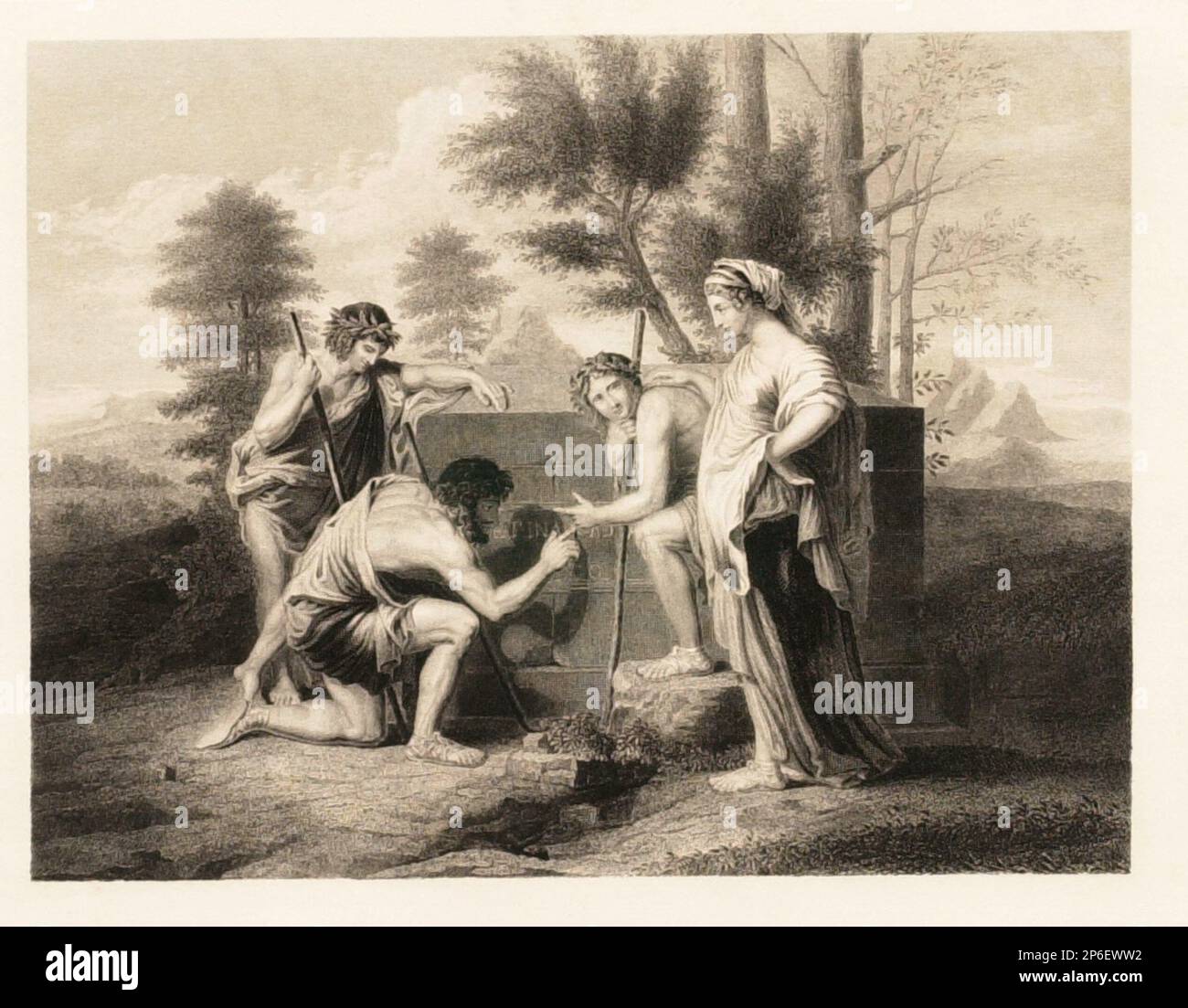 After Nicolas Poussin, Et in Arcadia Ego, 19th century, steel engraving on chine collé. Stock Photo