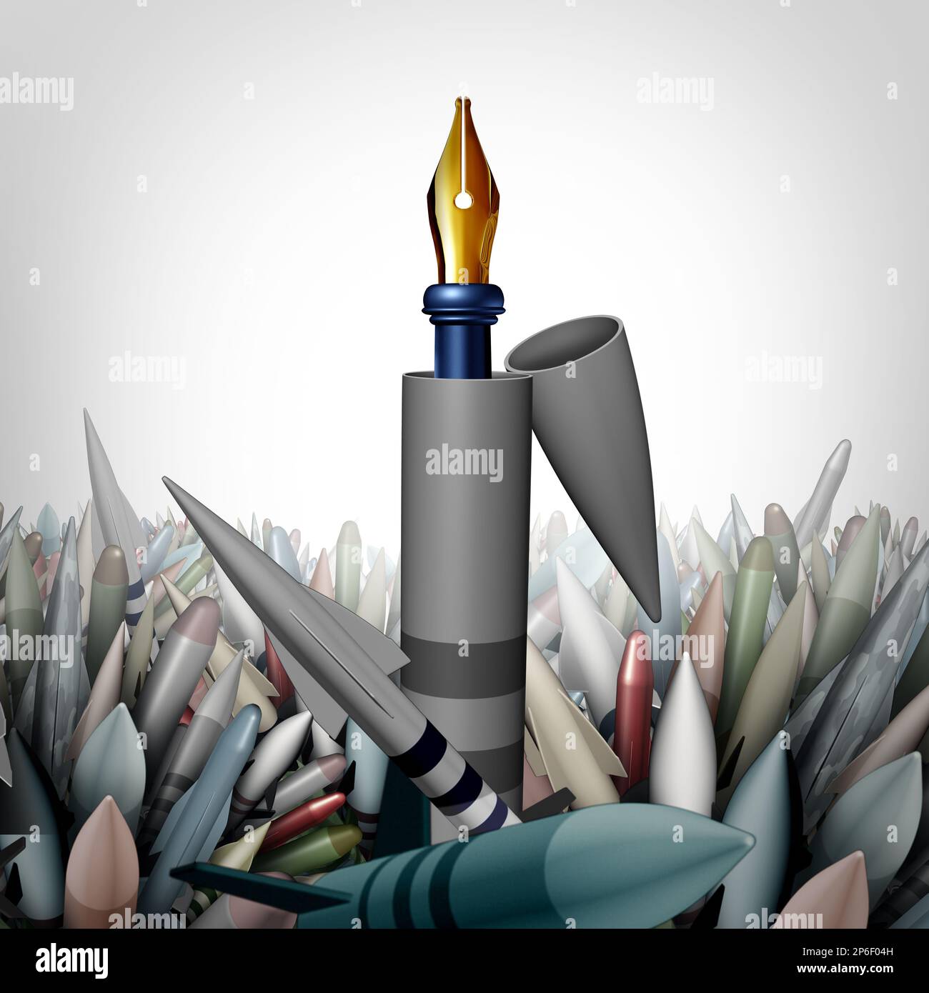 Diplomacy Over Conflict from War to peace concept with a missile bomb and a pen as a metaphor for negotiating through dialogue and reconciliation Stock Photo