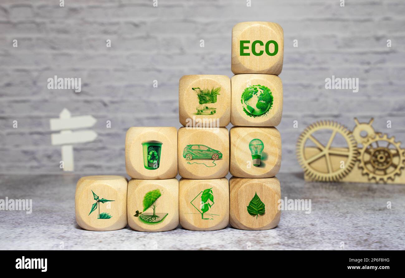 The hand puts cubes in the word eco. Ecological concept and green