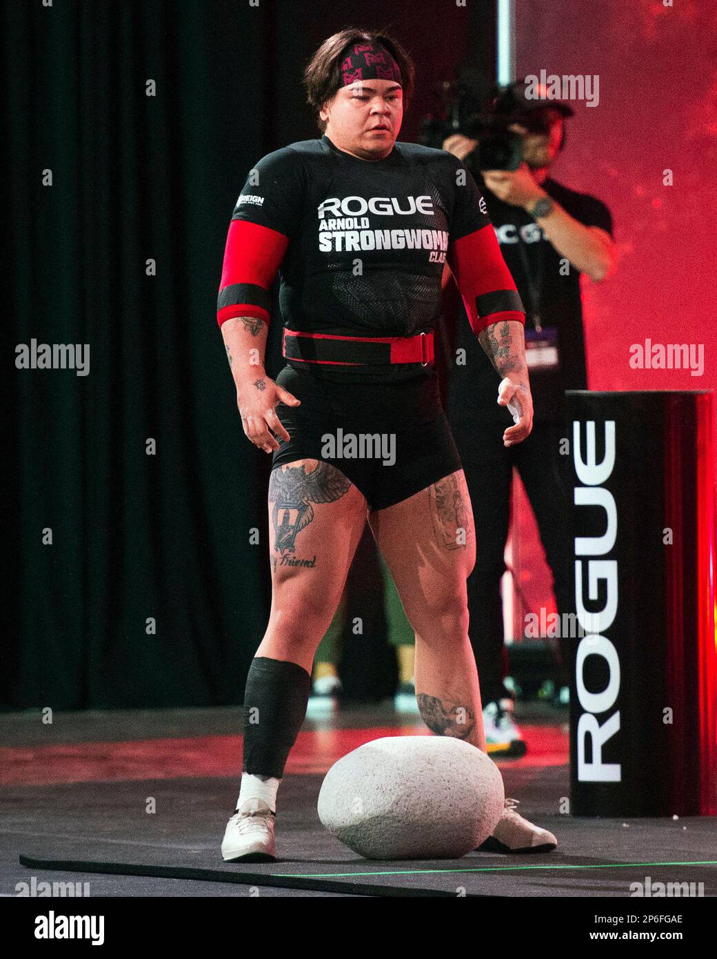 Columbus, Ohio, United States. 4th Mar, 2023. Inez Carrasquillo (USA) competes in the Unspunnen Stone Throw at the Arnold Strongwoman Classic in Columbus, Ohio. Credit: Brent Clark/Alamy Live News Stock Photo