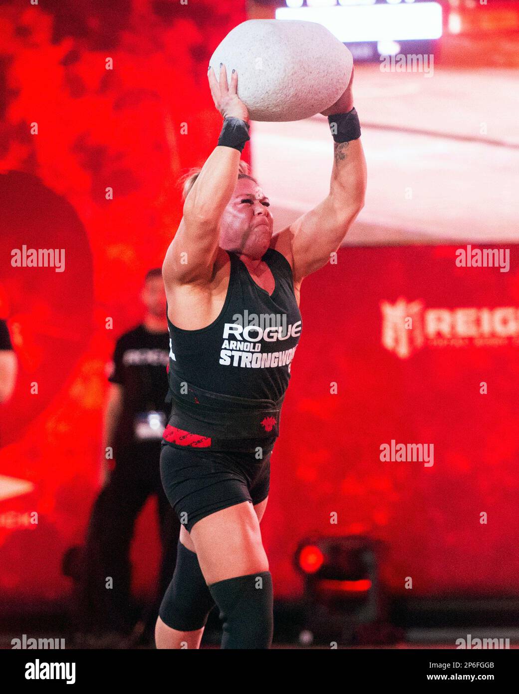 Columbus, Ohio, United States. 4th Mar, 2023. Donna Moore (GBR) competes in the Unspunnen Stone Throw at the Arnold Strongwoman Classic in Columbus, Ohio. Credit: Brent Clark/Alamy Live News Stock Photo