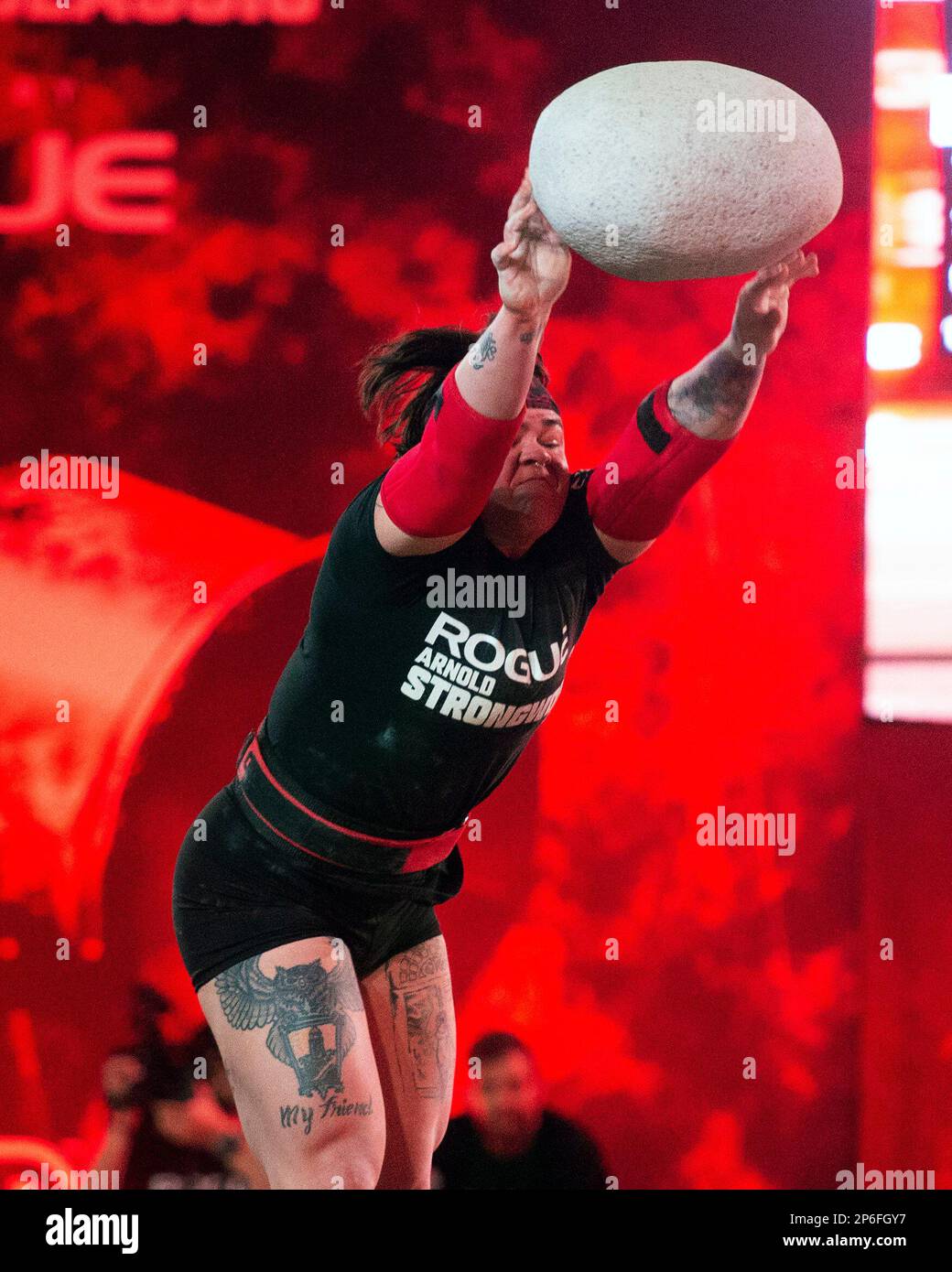 Columbus, Ohio, United States. 4th Mar, 2023. Inez Carrasquillo (USA) competes in the Unspunnen Stone Throw at the Arnold Strongwoman Classic in Columbus, Ohio. Credit: Brent Clark/Alamy Live News Stock Photo