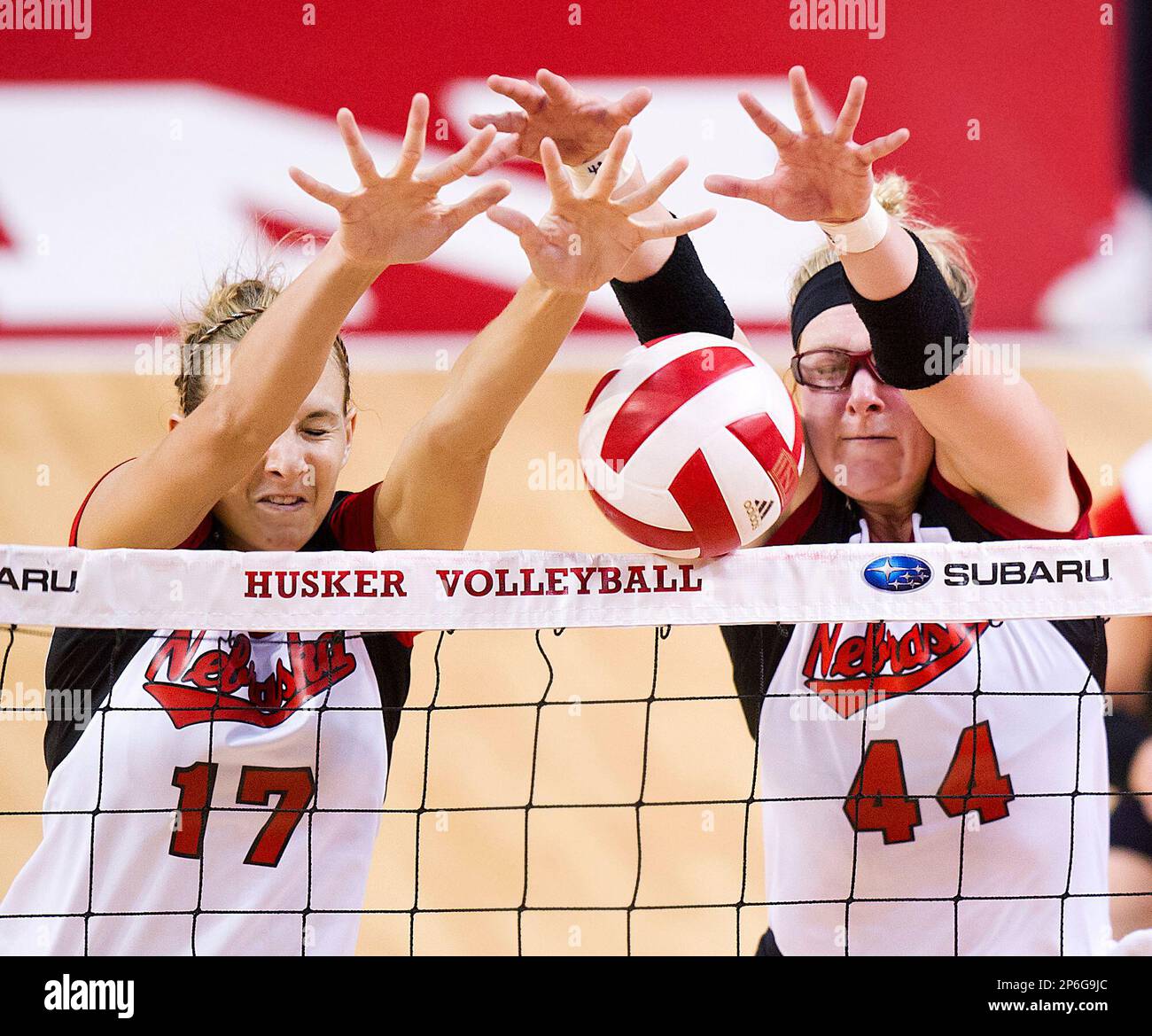 Nebraskas Hayley Thramer, left, and Hannah Werth team up for a block during an NCAA college volleyball spring match against Wichita State, Saturday, April 14, 2012, in Lincoln, Neb