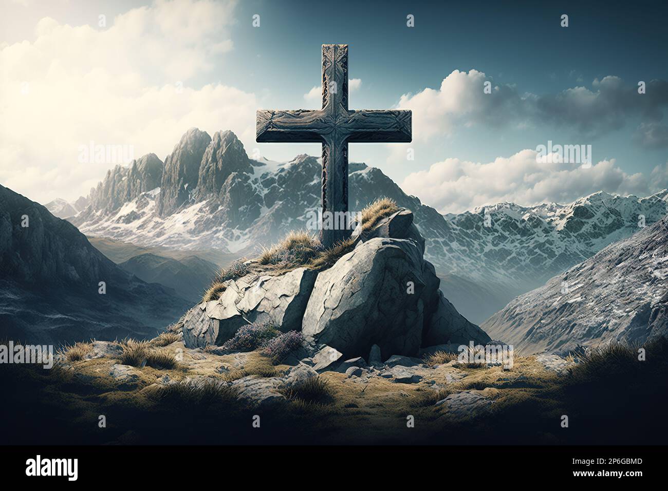Cross in mountains. Generative Ai image Stock Photo