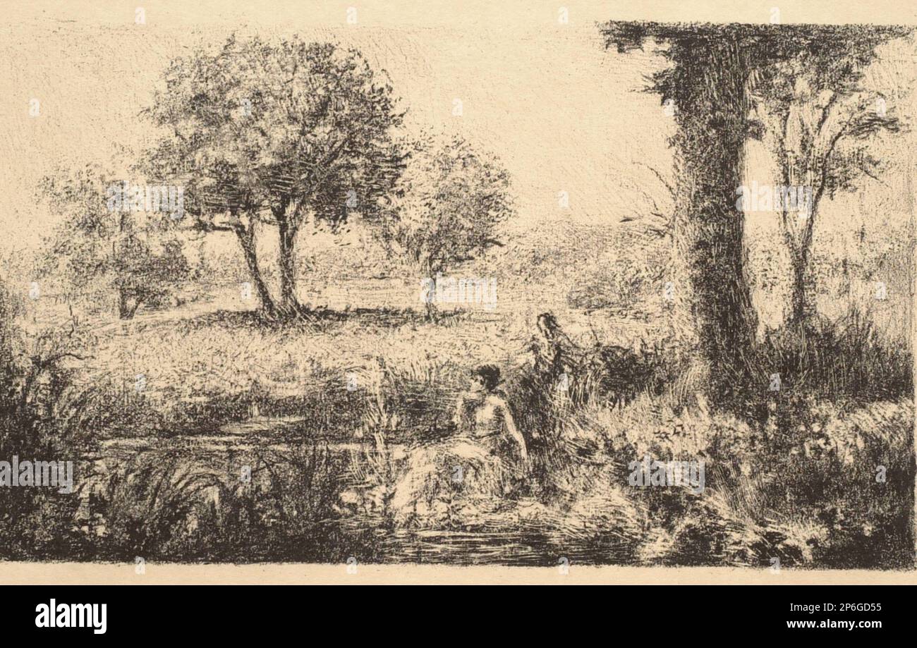 Ker-Xavier Roussel, Woman Seated beside a Pond, lithograph on paper. Stock Photo