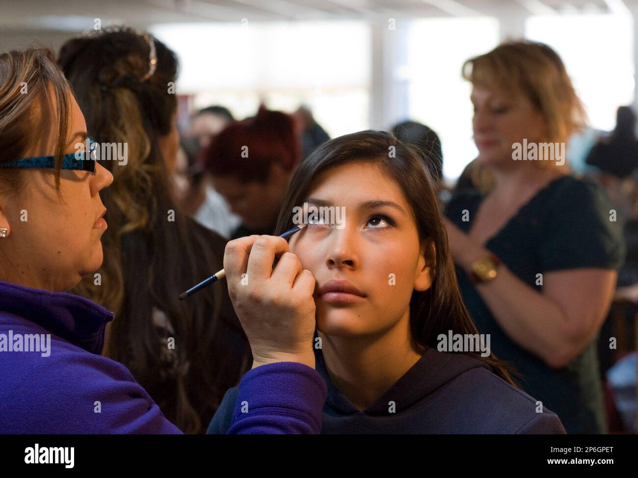 Kim Heinsch Puts Makeup On Mt Edgecumbe High School Student Brandy Merculief Of St Paul Alaska At The State Boarding School In Sitka Alaska Friday April 6 2012 Heinsch Was One Of 25 Volunteers With Alaska Air Lines Who Got The Kids Ready For The Prom This Is The Fourth Year Airlines Employees Have Helped The Boarding School Students Get Ready For The Prom By Fitting Dresses Doing Makeup And Hair And Providing Corsages Dresses And Tuxes Ap Photodaily Sitka Sentinel James Poulson 2P6GPET