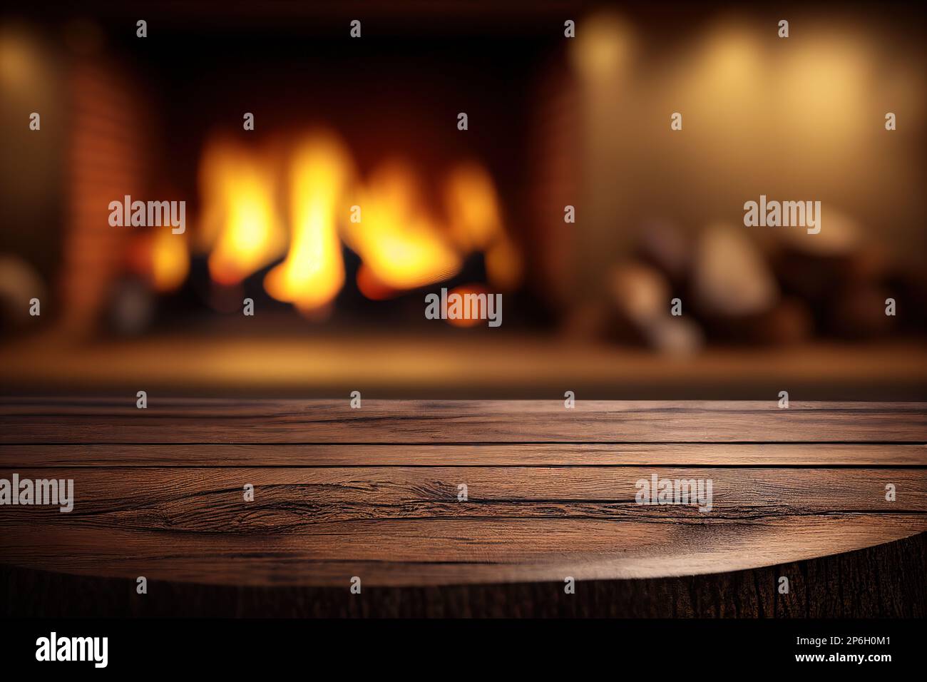 Empty wooden surface with blurred fireplace on background. Product background. Generative Ai image Stock Photo