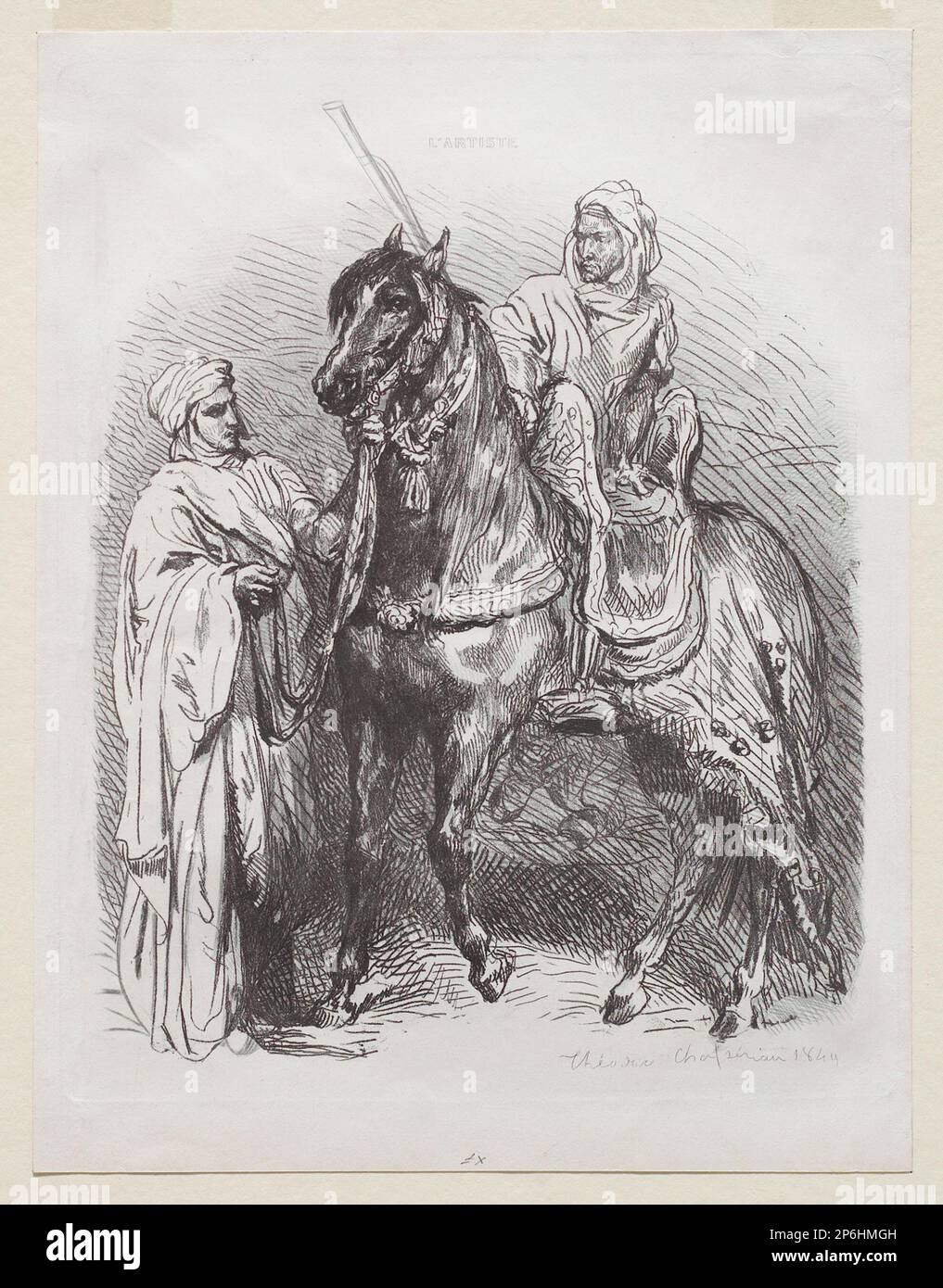 Théodore Chassériau, Arab Horsemen Leaving for War, 1849, soft-ground etching and roulette on wove paper. Stock Photo