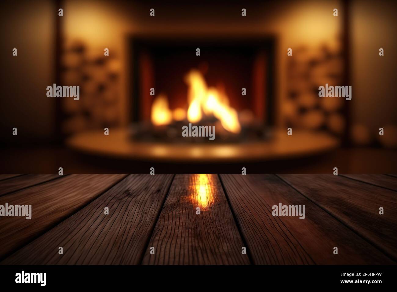 Empty wooden surface with blurred fireplace on background. Product background. Generative Ai image Stock Photo