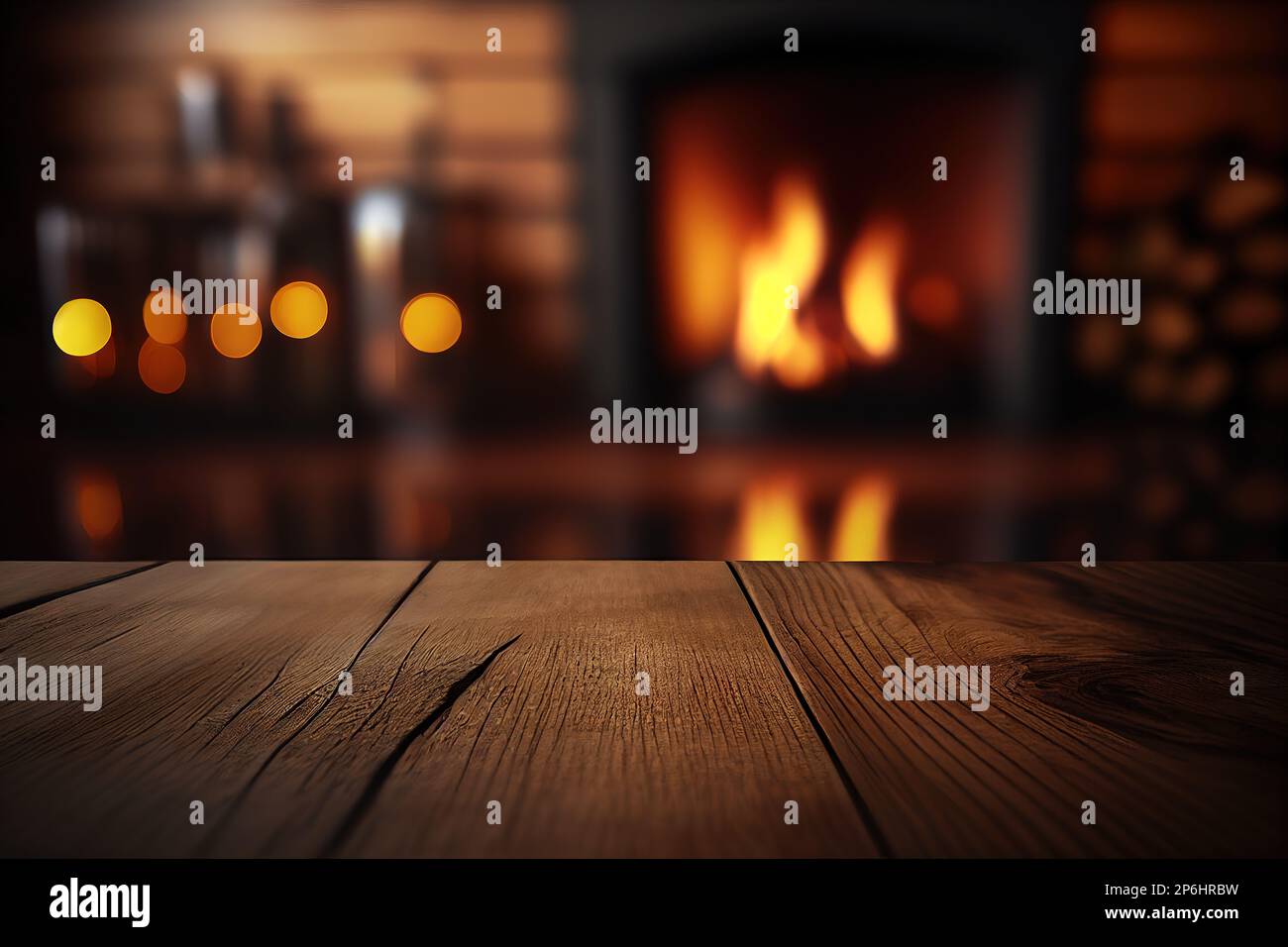 Empty wooden surface with blurred fireplace on background. Product background. Generative Ai image Stock Photo