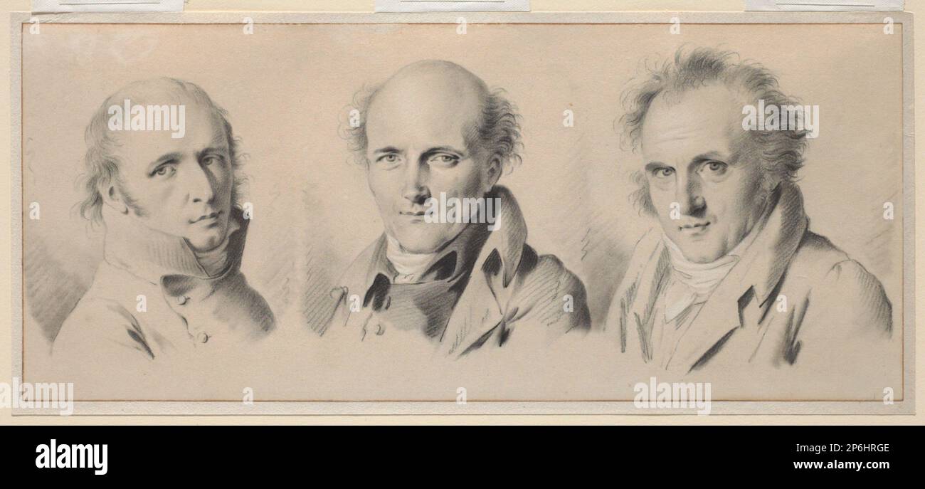 Louis Léopold Boilly, Portraits of Charles Percier, Pierre-Francois Leotard Fontaine, and Claude-Louis Bernier, before 1807, black and white chalk on buff paper. Stock Photo