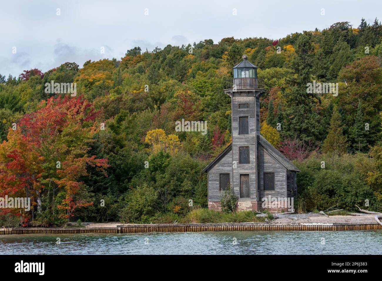 Michigan;  The Grand Island East Channel Lighthouse on Lake Superior. It is located just north of Munising, Michigan. Because of the difficulty to see Stock Photo