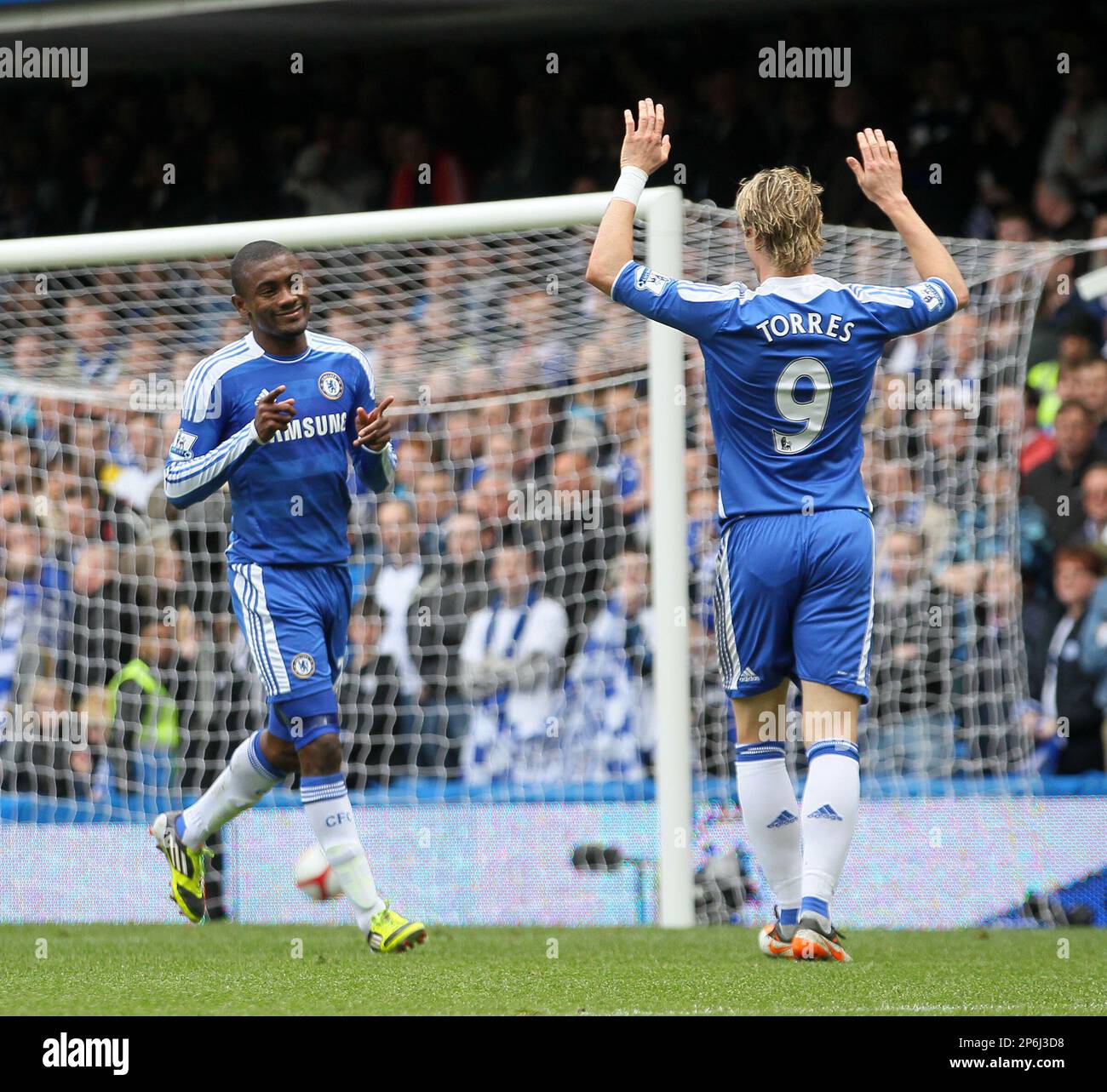 Chelseas Salomon Kalou celebrates scoring his sides second goal..Chelsea v Leicester FA Cup Quarter Final sponsored by Budweiser, at Stamford Bridge, London. 18th March 2012. (Cal Sport Media via AP Images