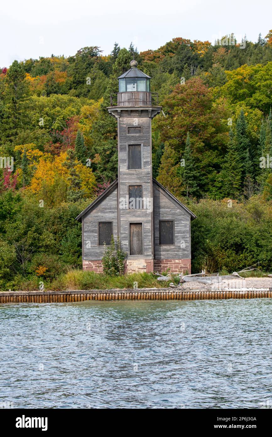 Michigan;  The Grand Island East Channel Lighthouse on Lake Superior. It is located just north of Munising, Michigan. Because of the difficulty to see Stock Photo
