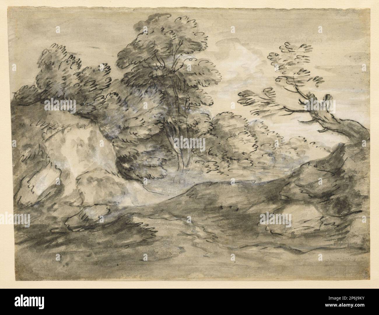 Thomas Gainsborough, Rocky Wooded Landscape with Winding Track, late 1770s, pen and black ink with brush and gray wash and white chalk on blue laid paper. Stock Photo