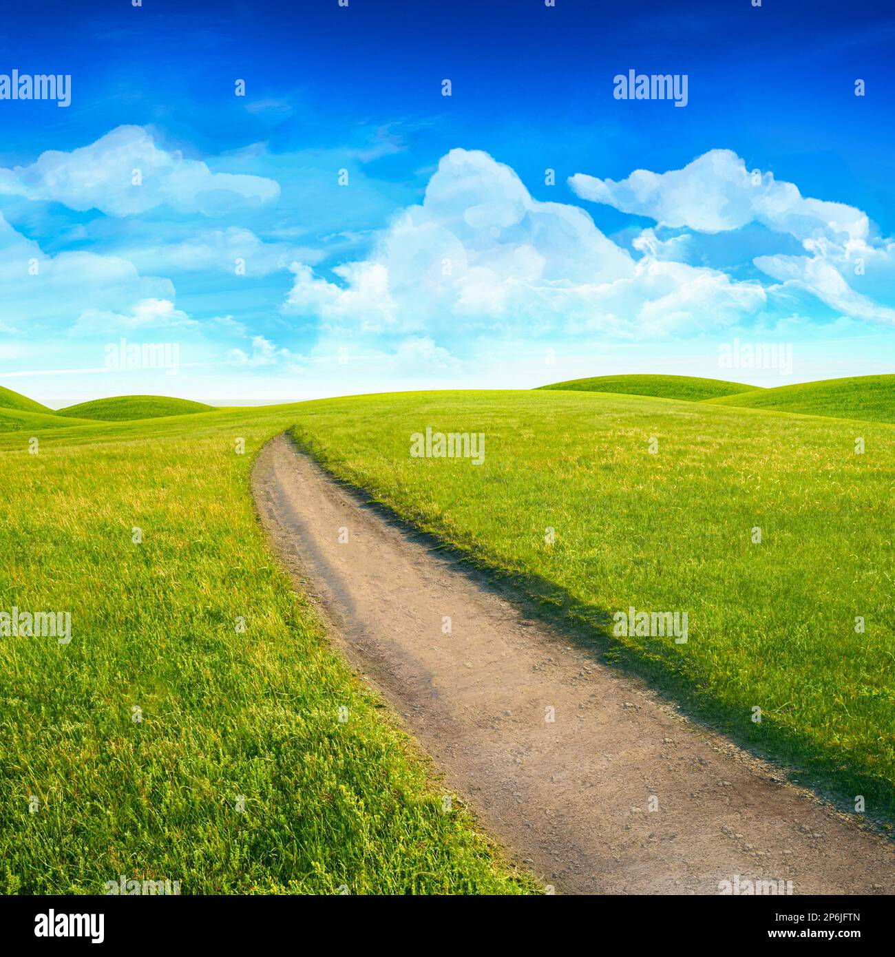 Green field grass with dirt road and blue sky background Stock Photo ...